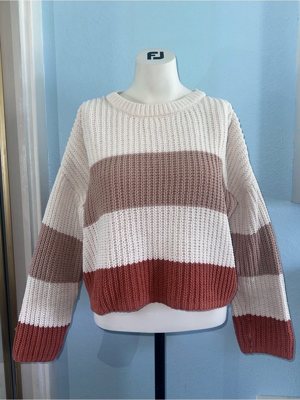 Francesca's Collections Striped Ribbed Crewneck Sweater - Cream, Taupe & Rust